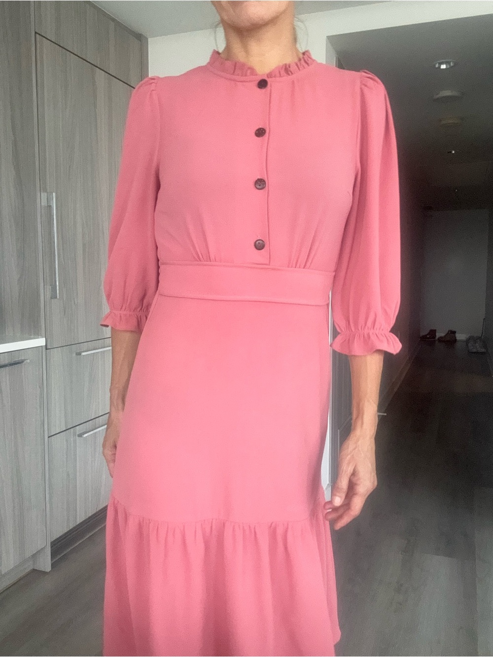 Monteau Rose-Pink Ruffle-Neck Midi Dress - Picture 3 of 10